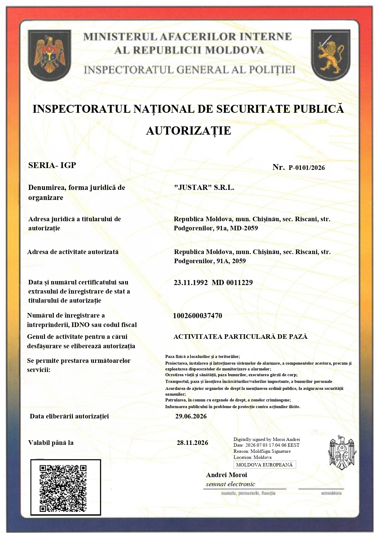 Justar Operating Permit, updated June 2026
